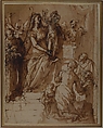 The Virgin and Child with Saint Joseph, Attendant Angels, and a Group of Supplicants, Federico Zuccaro (Zuccari) (Italian, Sant'Angelo in Vado 1540/42–1609 Ancona), Pen and brown ink, brush and brown wash, over traces of red chalk (recto); black chalk sketch of a nude male torso (verso)